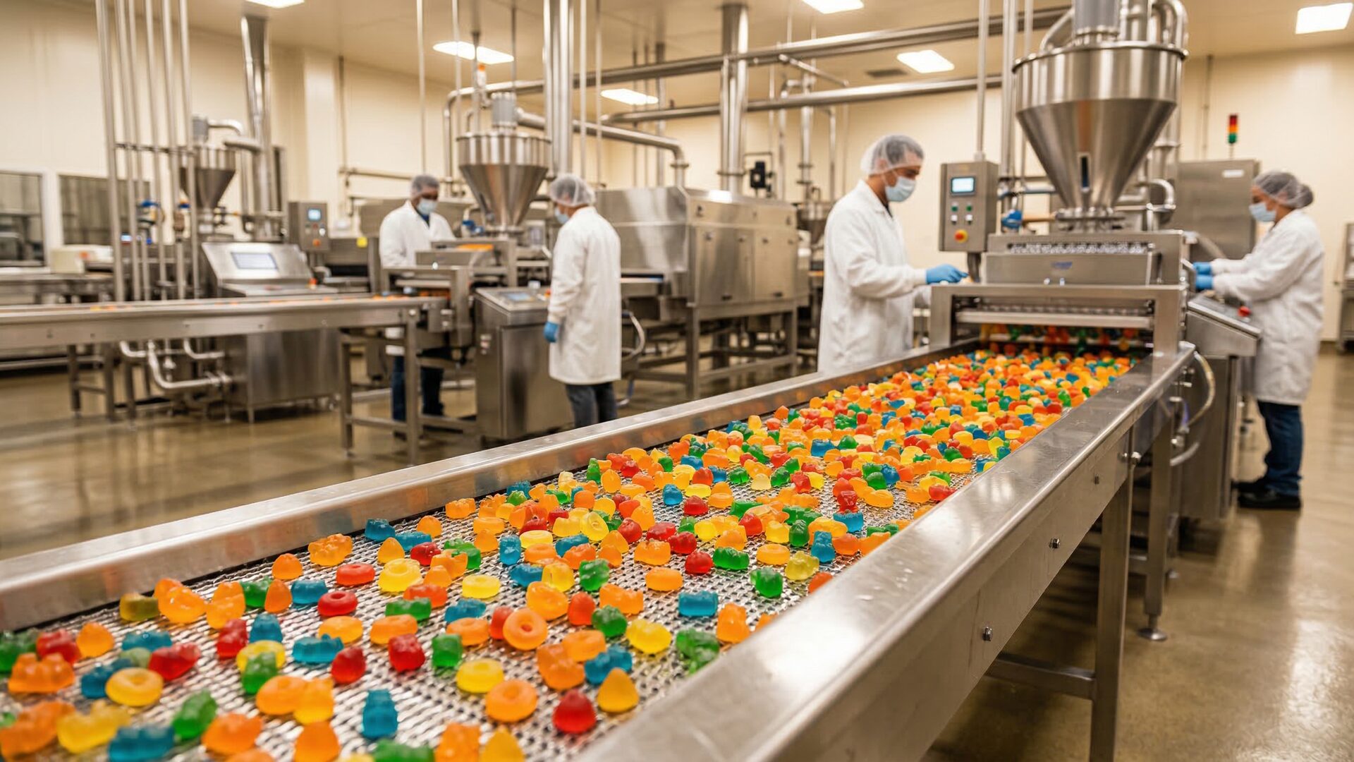 Custom gummy supplement manufacturing facility with colorful gummy vitamins