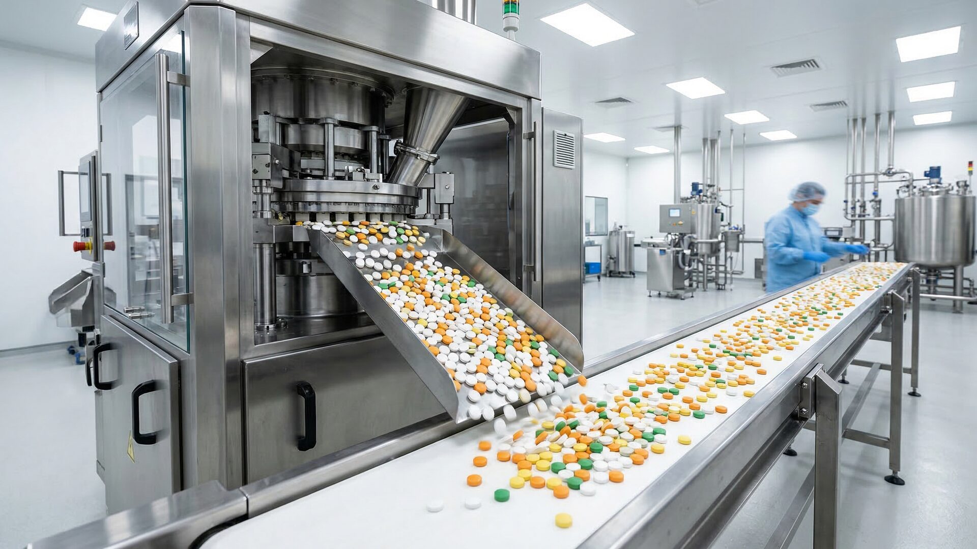 High-speed tablet compression and coating manufacturing line